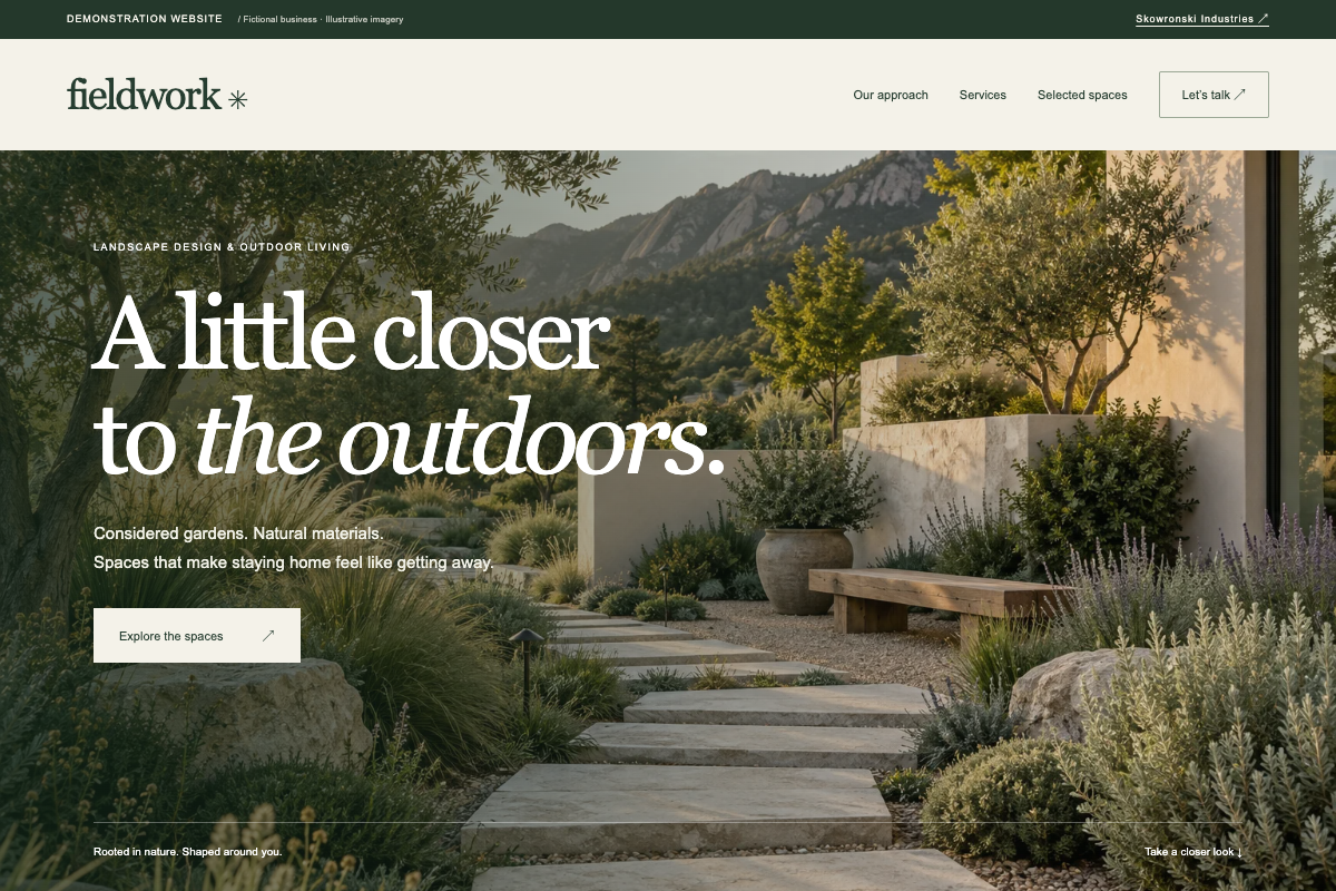 Fieldwork landscaping concept: an editorial website with botanical artwork and clear services