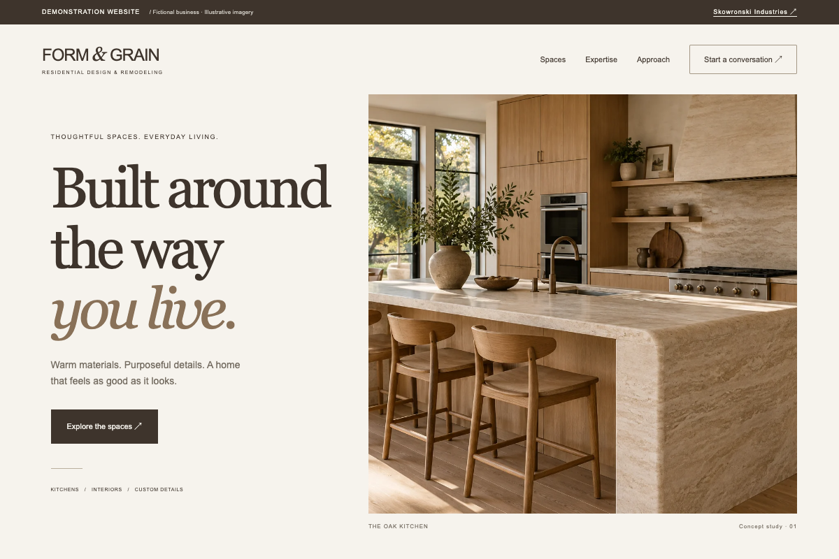 Desktop preview of the Form & Grain concept website